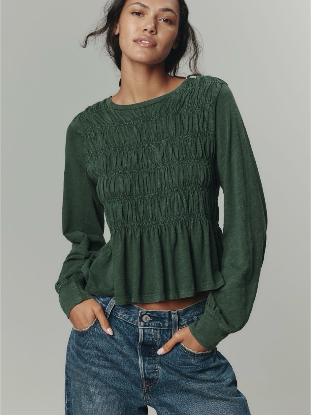 Anthropologie-Pilcro Long Sleeve Smocked Peplum Top - Forest Green